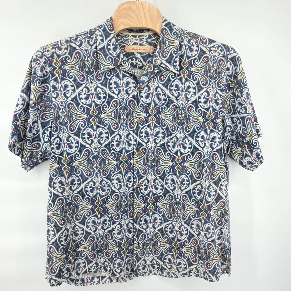 Tommy Bahama Button Front Shirt Mens XL Blue White Yellow Red Silk Ikat Paisley